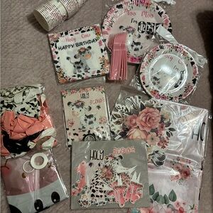 Cow Themed 1st Birthday Party Supplies Set - Pink and Black